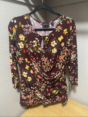Draped Floral Blouse in Burgundy with Yellow Accents